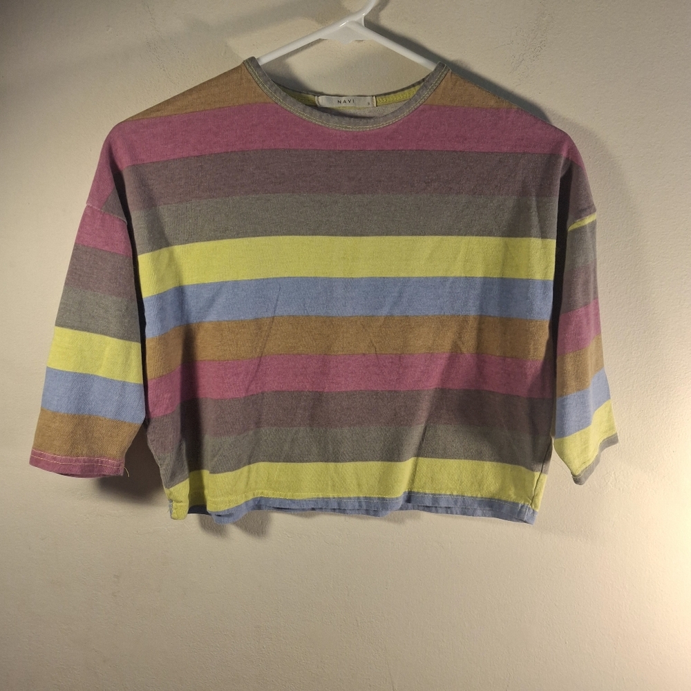 Navi Women's 3/4 Length Sleeve Striped Multicolor Women's Crop Top Size S